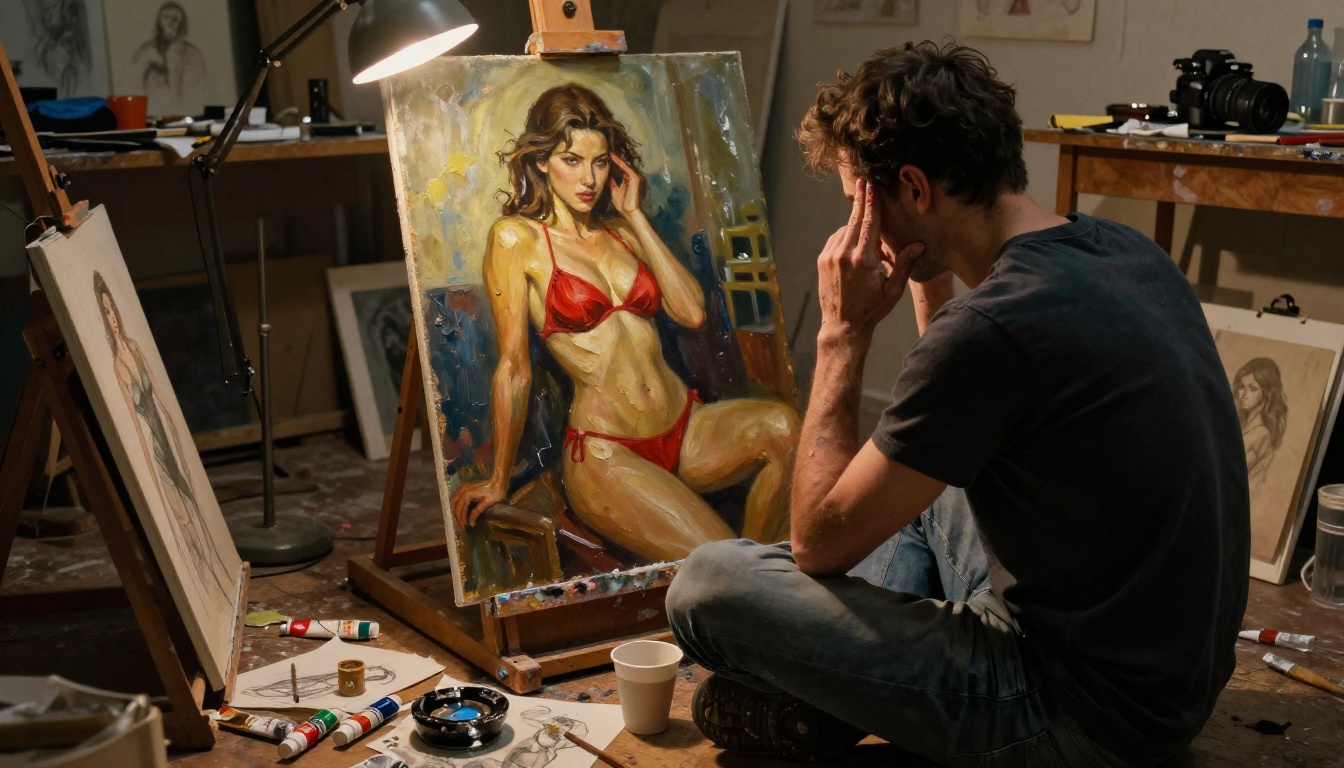 Frustrated traditional artist at easel surrounded by failed sketches and empty paint tubes in a late-night studio