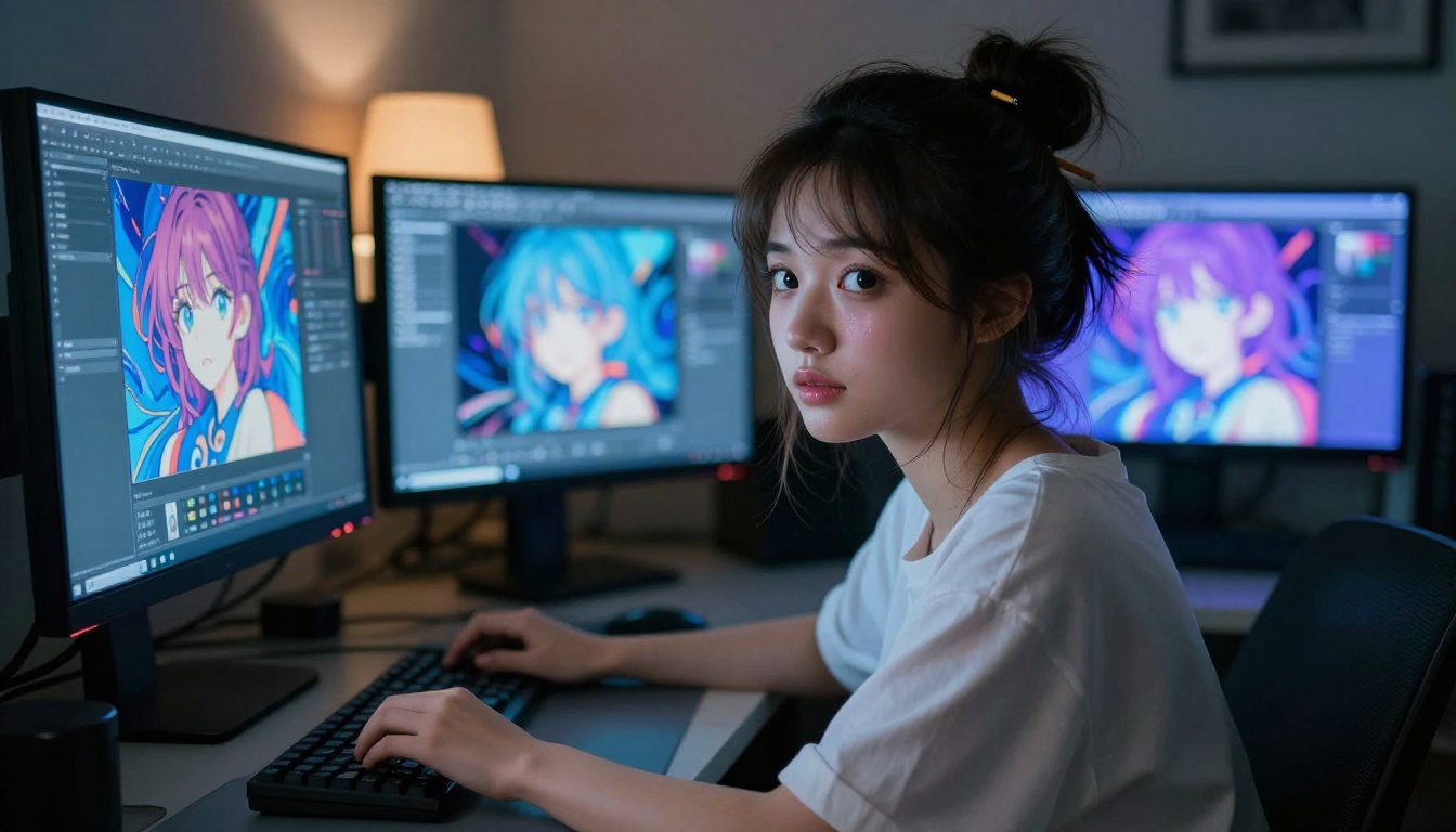 Beautiful woman working with AI art generation at dual monitors in a moody blue-lit studio