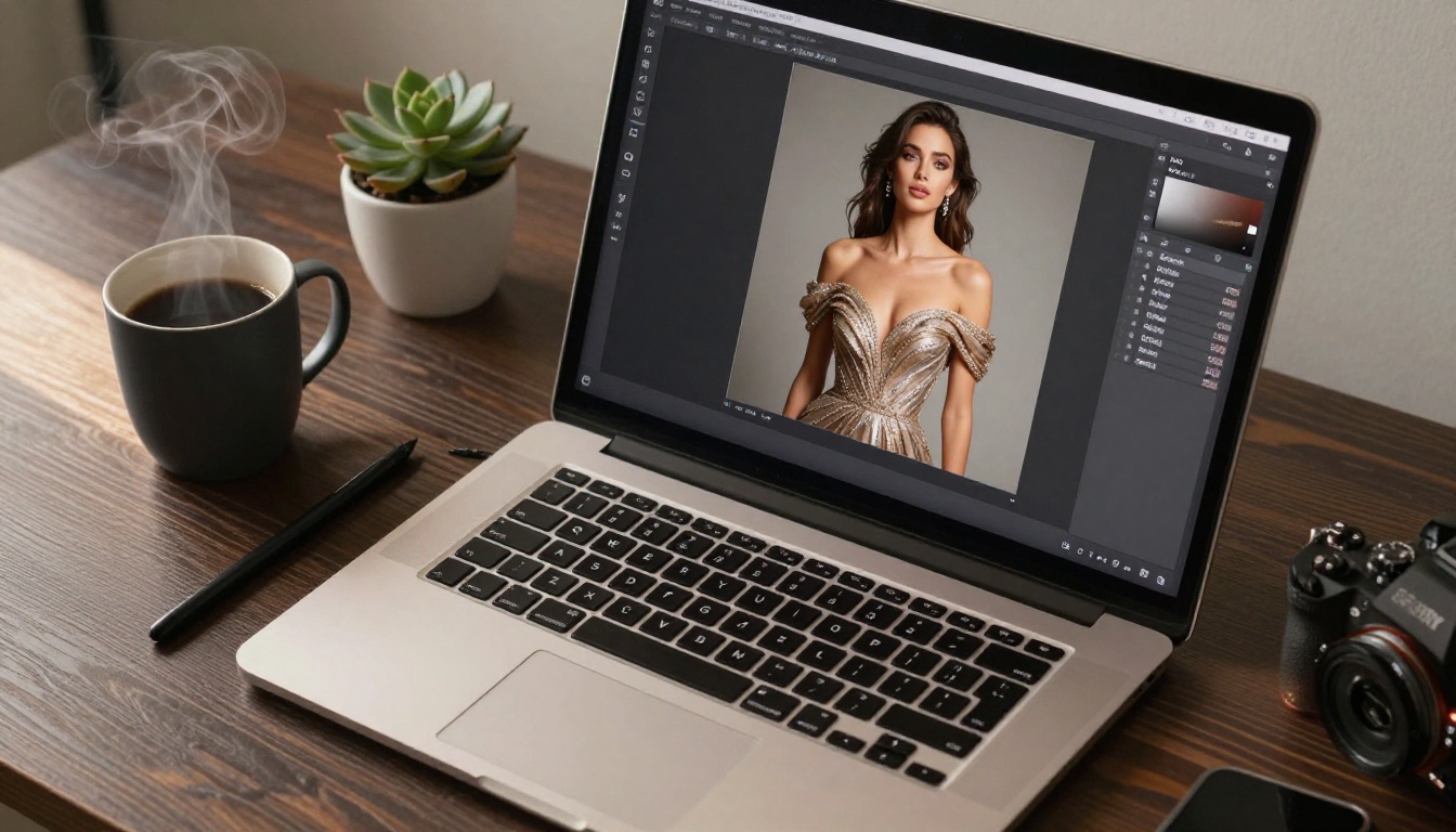 Professional AI workstation desk with laptop displaying a photorealistic glamour portrait, morning light on walnut desk surface