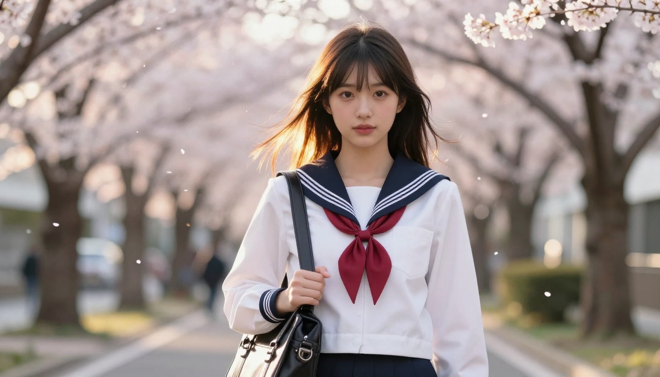 Woman in sailor school uniform standing on Tokyo street lined with cherry blossom trees at golden hour