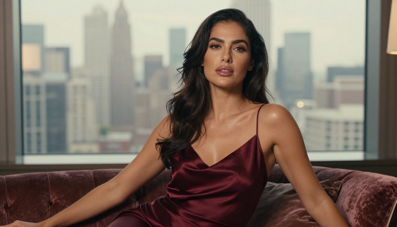 Photorealistic AI-generated glamorous woman in burgundy satin dress on velvet chaise lounge, city skyline through window, golden skin tones