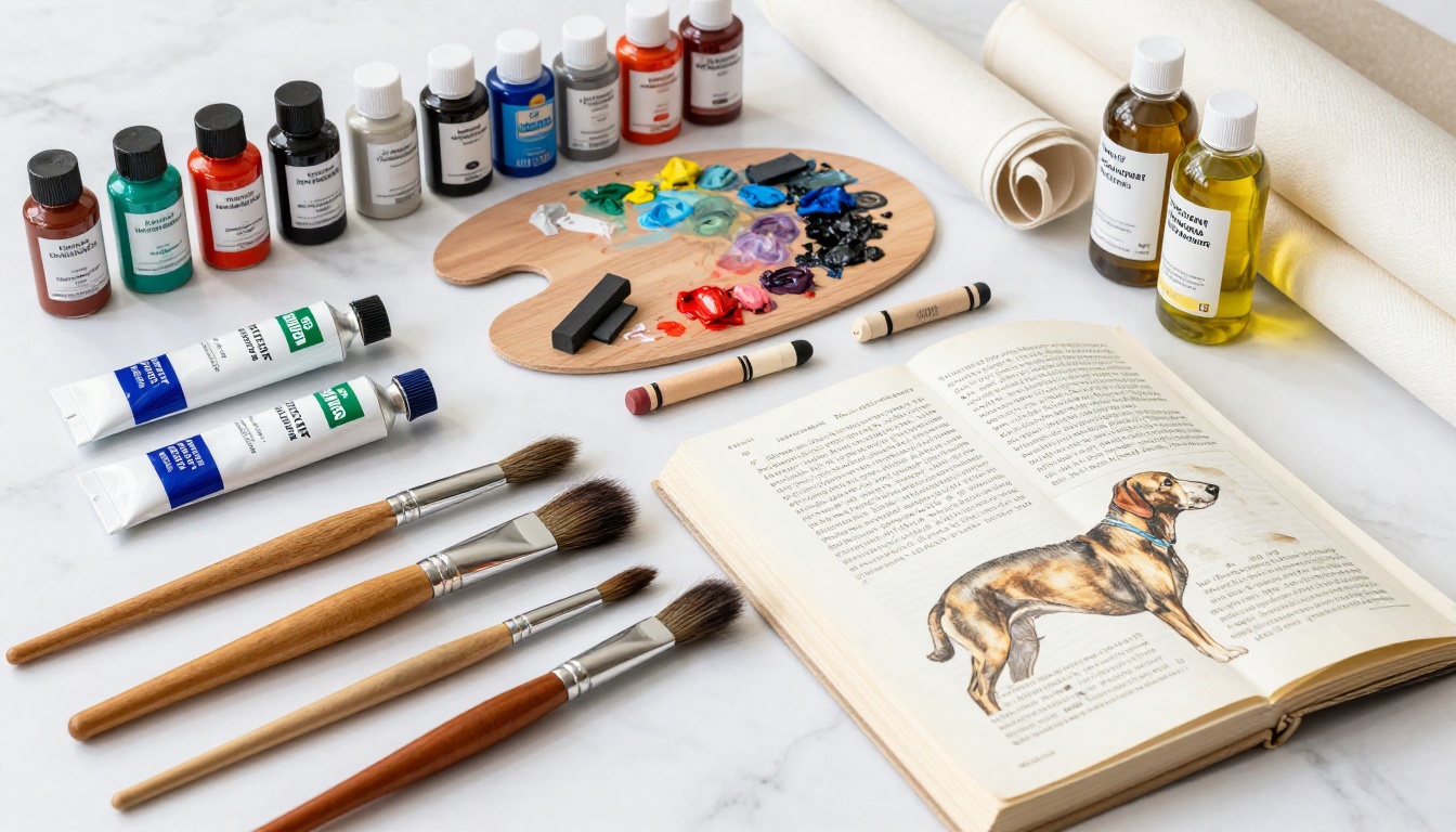 Flat-lay of professional traditional art supplies: oil paint tubes, sable brushes, wooden palette, anatomy books on marble surface