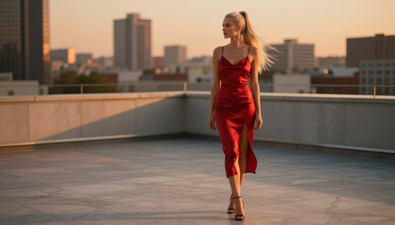 Full-body fashion portrait of a woman at golden hour on a rooftop, red dress, city skyline bokeh