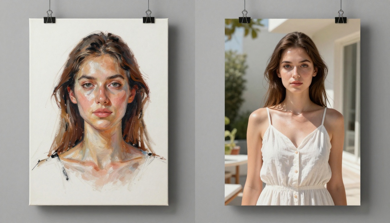 Side-by-side comparison of hand-painted canvas portrait versus photorealistic AI-generated woman portrait mounted on gallery wall