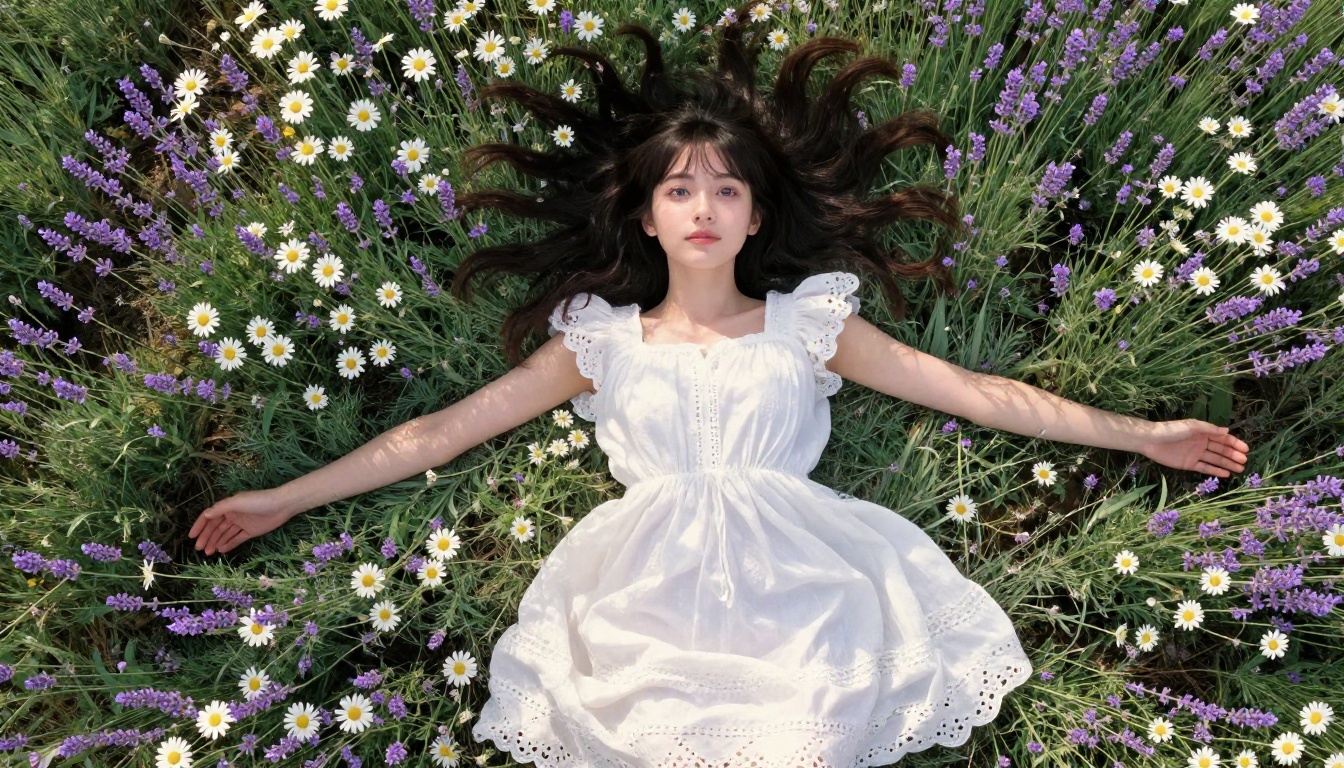 Aerial flat-lay of woman in white sundress lying in lavender and daisy field with hair fanning out in sunburst pattern