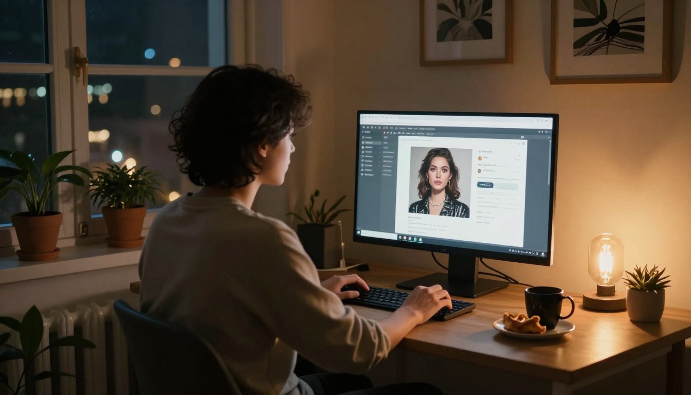 Person browsing AI image generation platform on computer in a cozy private home office at night, monitor glow in dark room