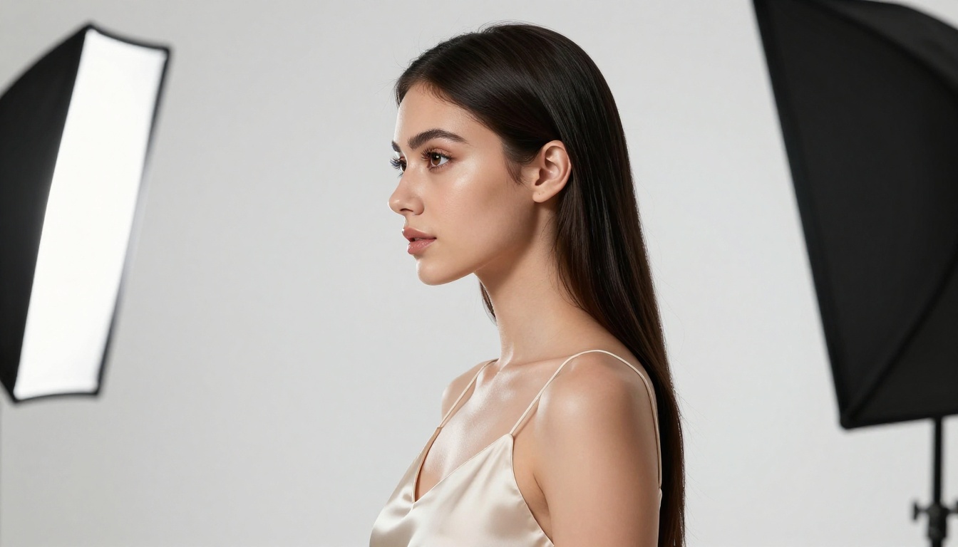 Side profile portrait of elegant woman with perfect Rembrandt lighting against white studio backdrop showing technical photography mastery