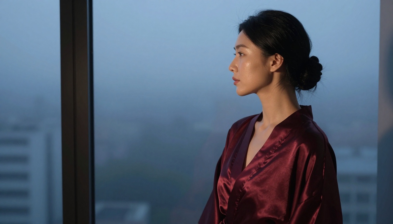 Woman in silk kimono robe at floor-to-ceiling window during blue hour city morning light