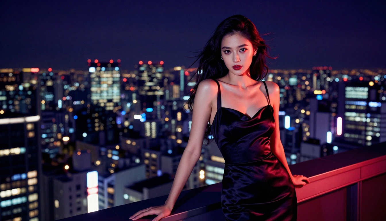 Glamorous woman in black satin evening gown on Tokyo rooftop at night with city lights reflected in large dark eyes