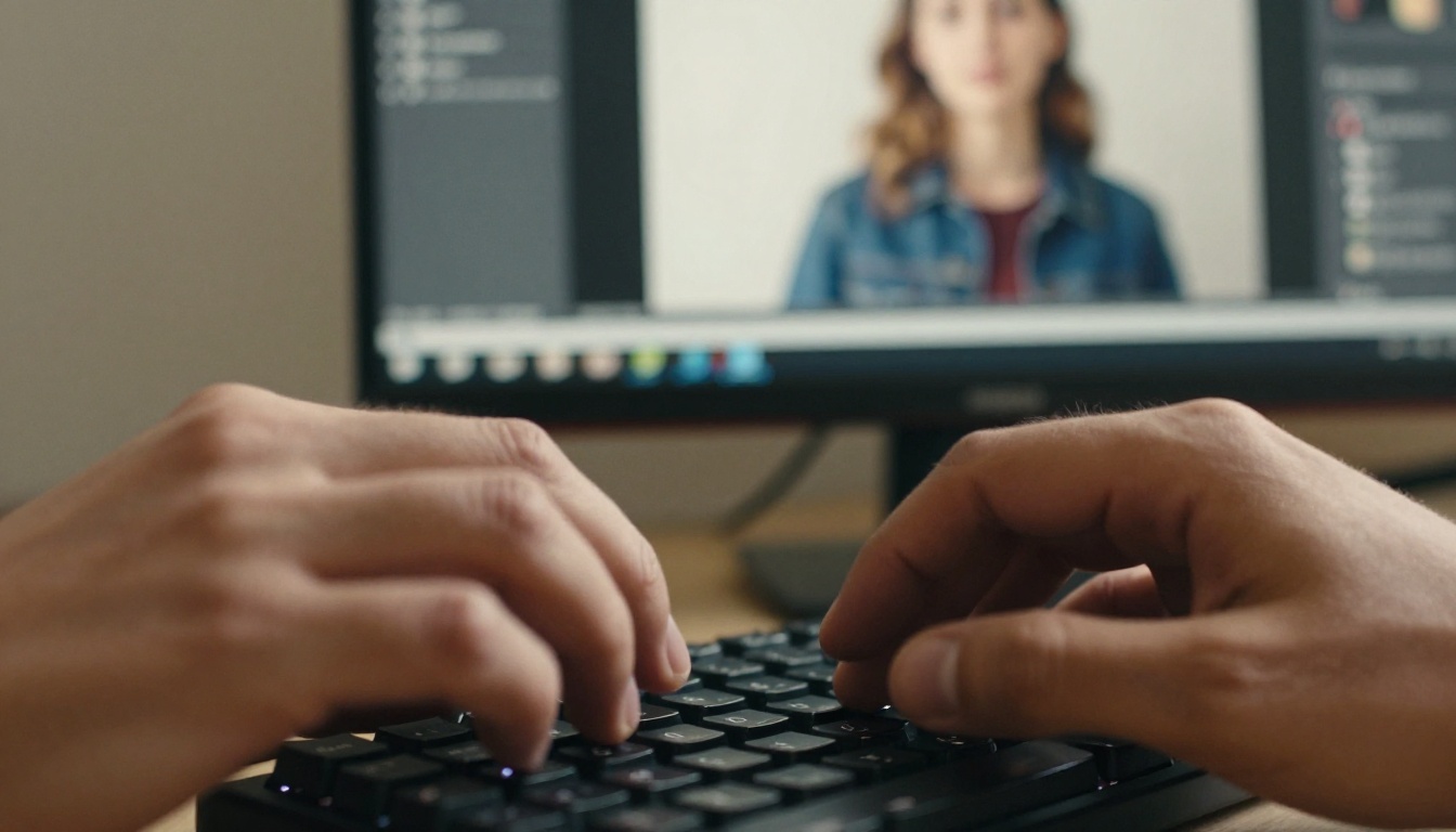 Close-up of hands typing on mechanical keyboard entering AI prompt, monitor in background showing photorealistic portrait appearing
