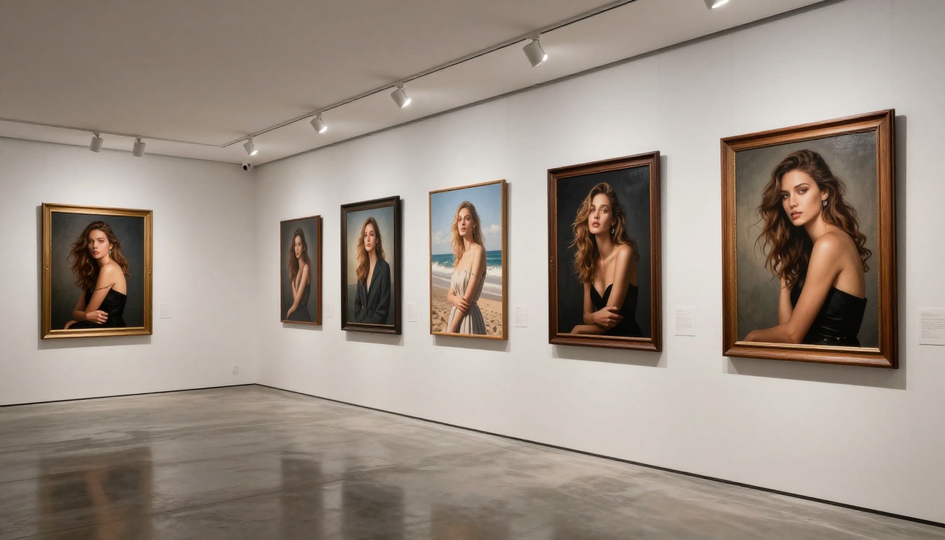 Professional gallery interior with framed AI-generated glamour portraits under warm track lighting, polished concrete floors