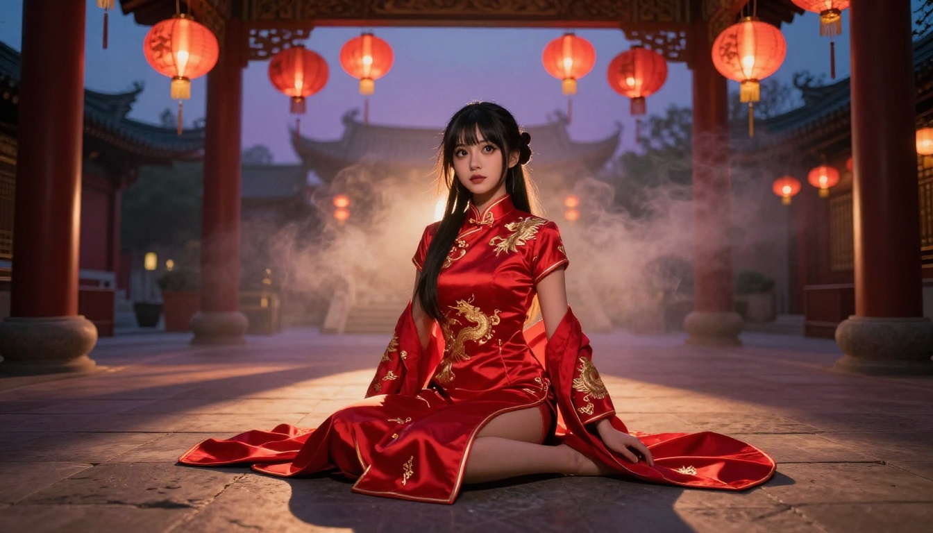 Confident woman in red qipao dress with golden dragon embroidery in ancient temple courtyard lit by warm paper lanterns at dusk