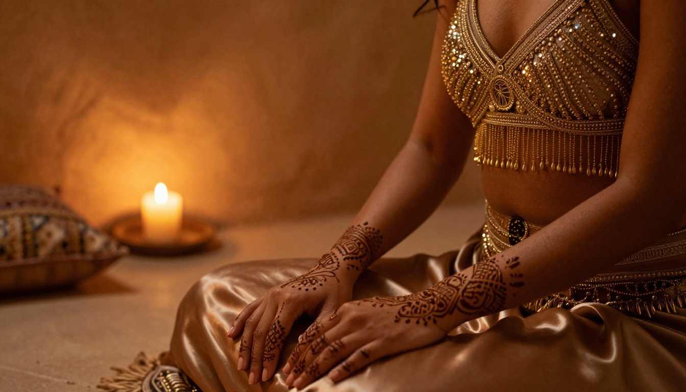 Woman with olive skin and jewelry crop top in warm Moroccan interior candlelight setting
