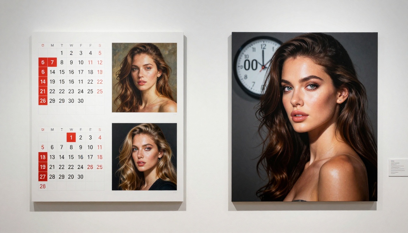 Gallery wall installation showing two printed comparisons: weeks of traditional work versus under-a-minute AI output, side by side