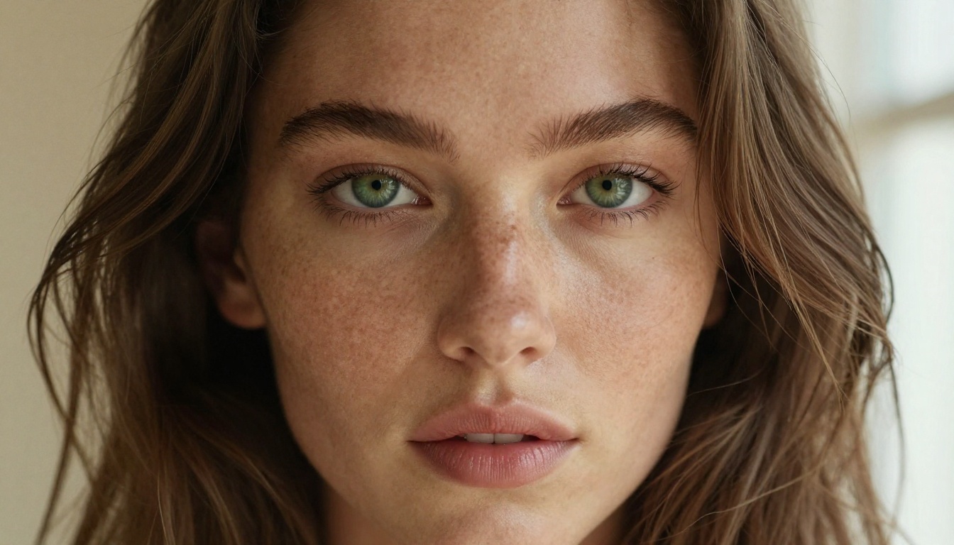 Close-up portrait of a woman with striking green eyes and natural skin texture