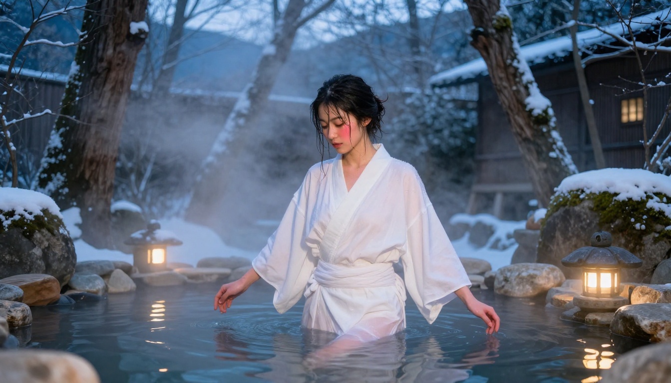 Woman in white yukata stepping from steaming Japanese onsen hot spring surrounded by snow-dusted cedar trees at winter blue hour