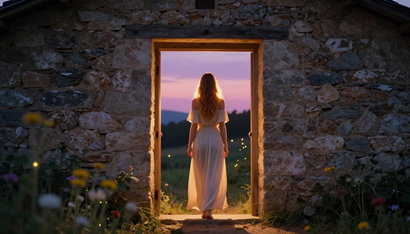 Woman in cream off-shoulder dress in stone farmhouse doorway at twilight, backlit warm interior glow