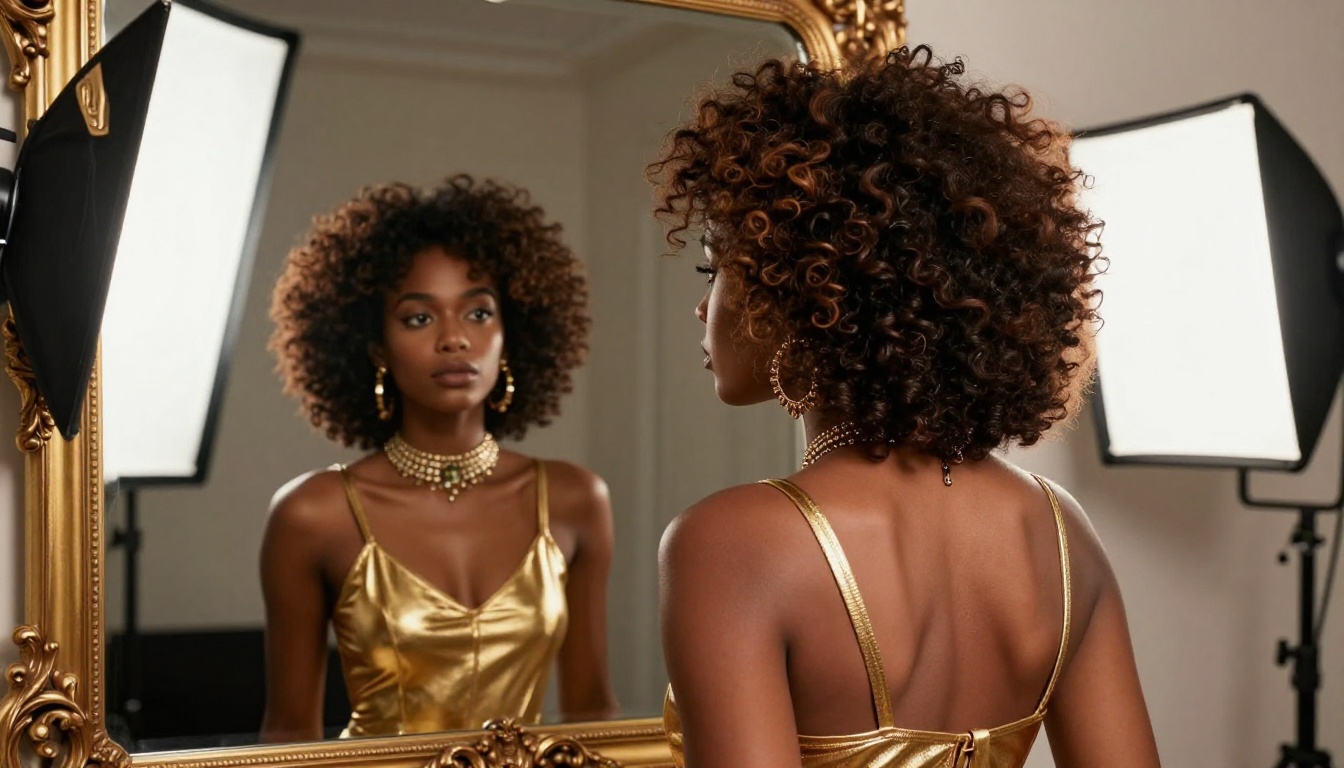 Woman with natural afro in gold bodysuit looking at reflection in ornate gilded studio mirror