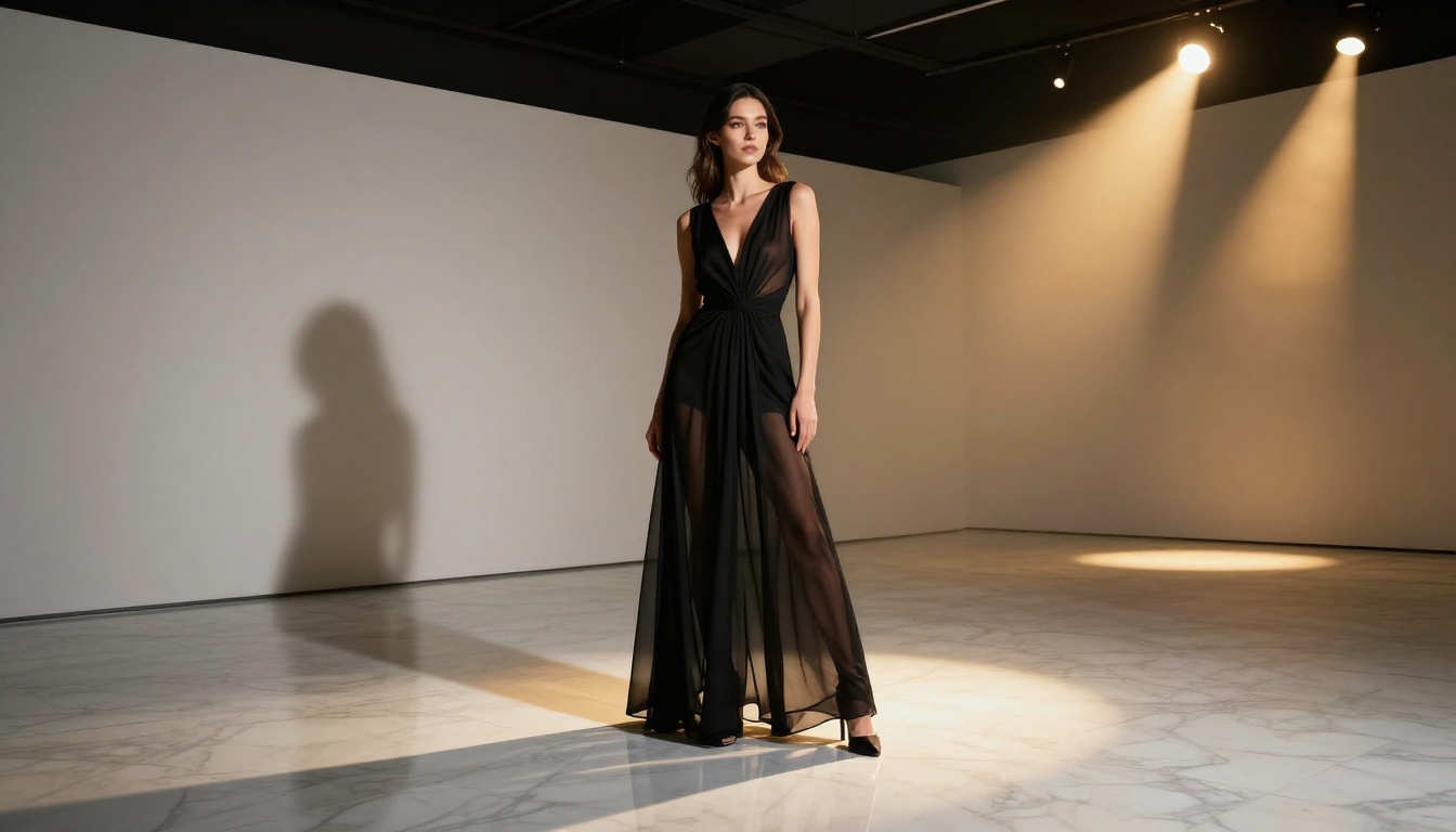 Fashion editorial, woman in sheer black dress on marble gallery floors