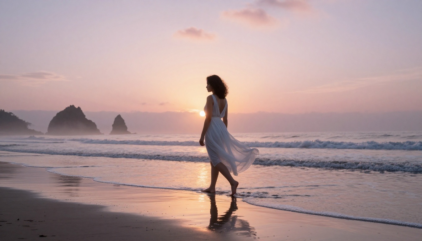 Woman in a flowing white sheer dress walking barefoot along a shoreline at sunrise with wet sand reflections