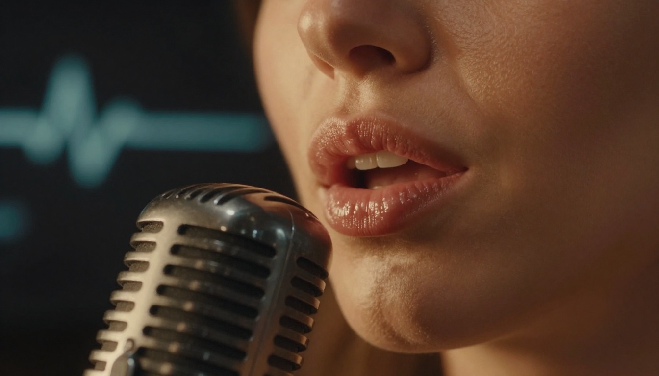 Close-up of lips near a vintage microphone