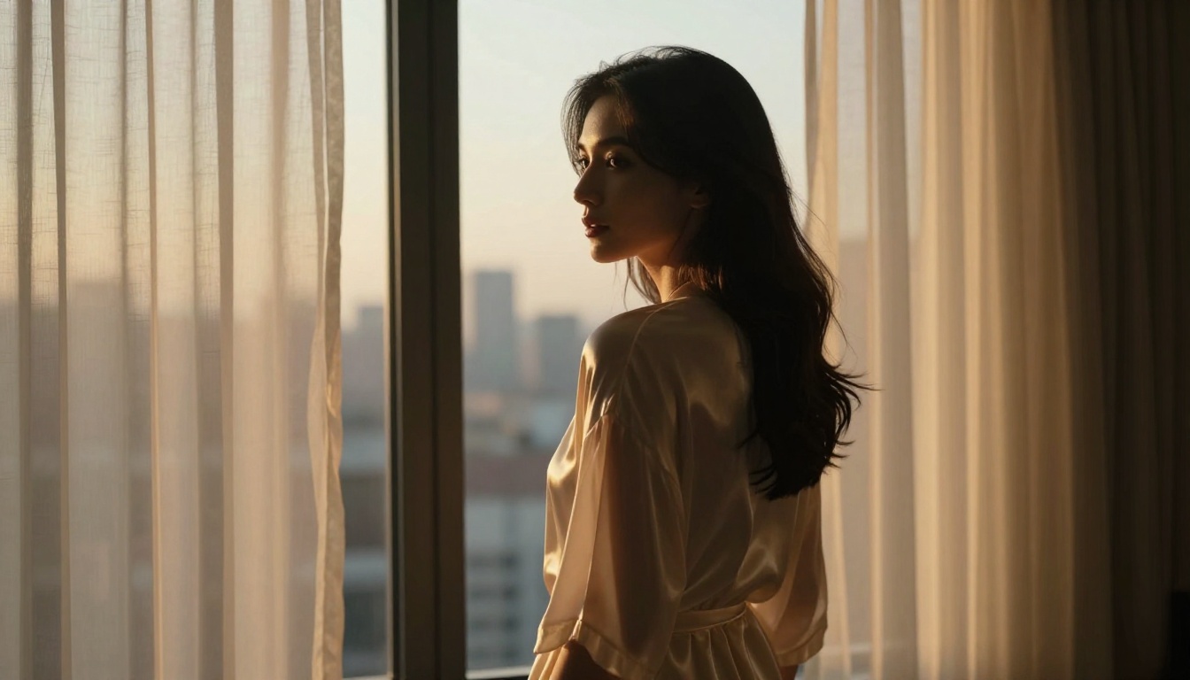 Beautiful woman in sheer silk robe at golden hour window