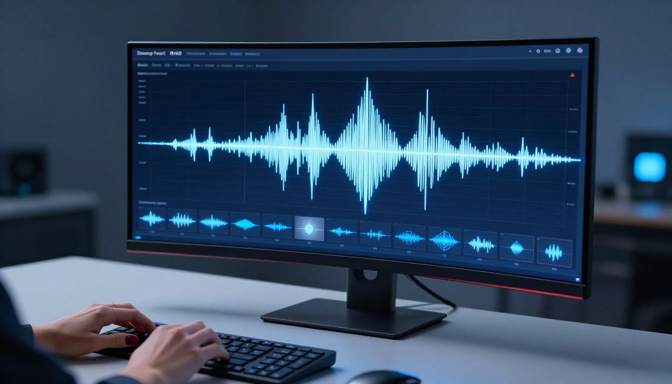 Sleek AI interface with audio waveforms on curved monitor
