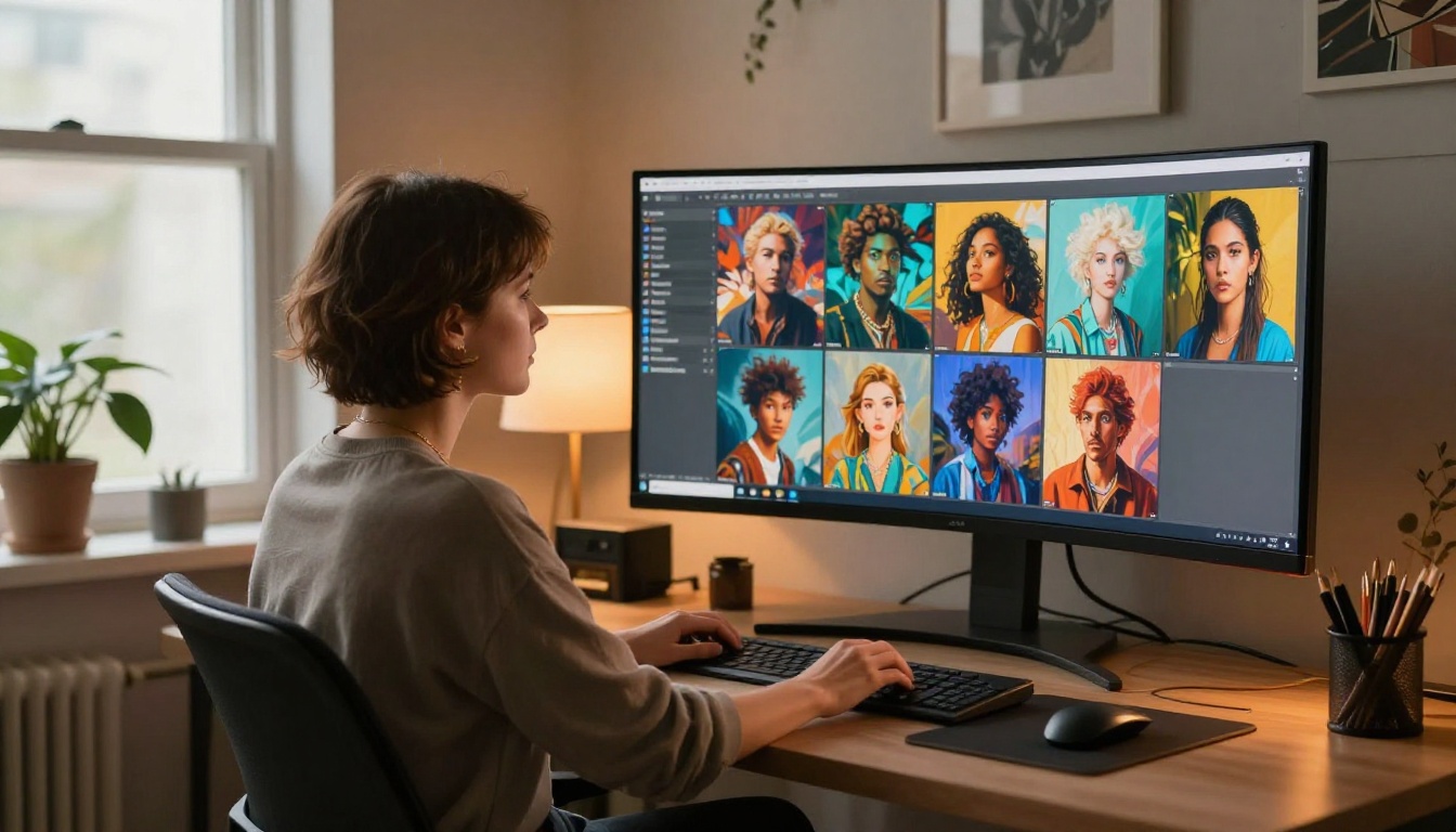 Creative professional reviewing AI-generated portraits on ultrawide monitor