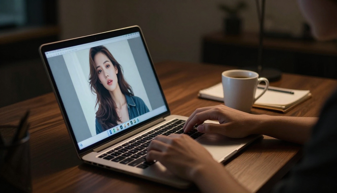 Glowing laptop screen in a dark modern home office showing AI-generated imagery with dramatic chiaroscuro lighting