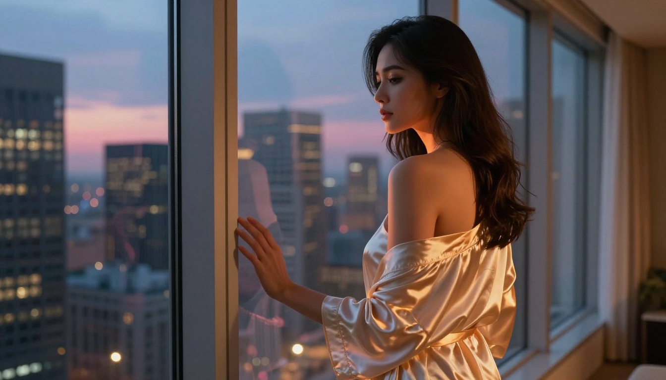 Woman in silk robe at city-view window at blue hour dusk