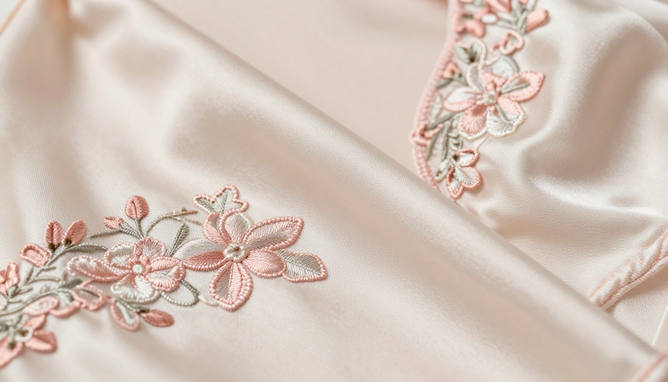 Close-up detail of feminine figure in Italian silk satin lingerie with embroidery Close-up detail of feminine figure in Italian silk satin lingerie with embroidery