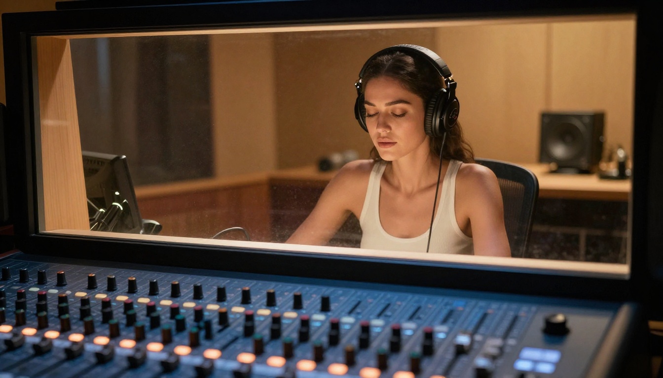 Professional audio recording studio seen through vocal booth glass Professional audio recording studio seen through vocal booth glass