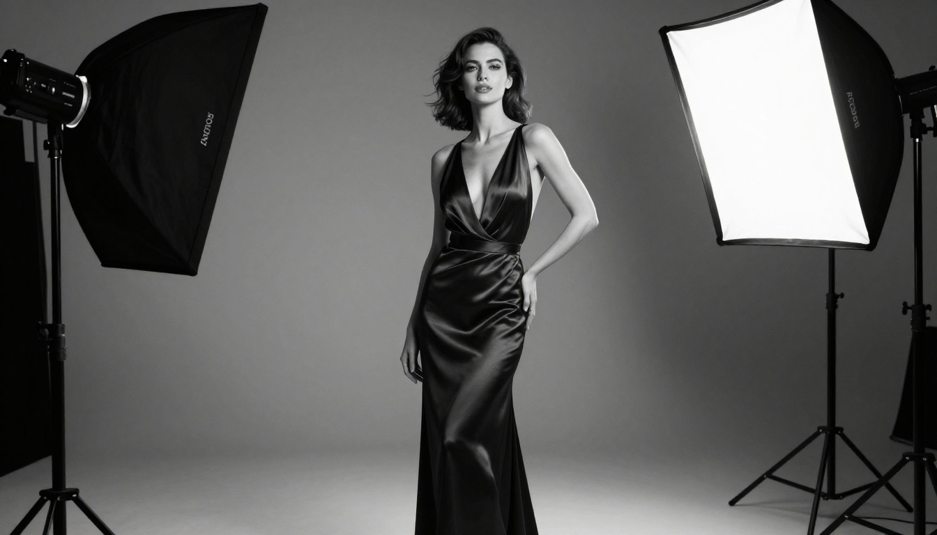 Elegant woman in deep-V silk evening gown in black and white studio Elegant woman in deep-V silk evening gown in black and white studio