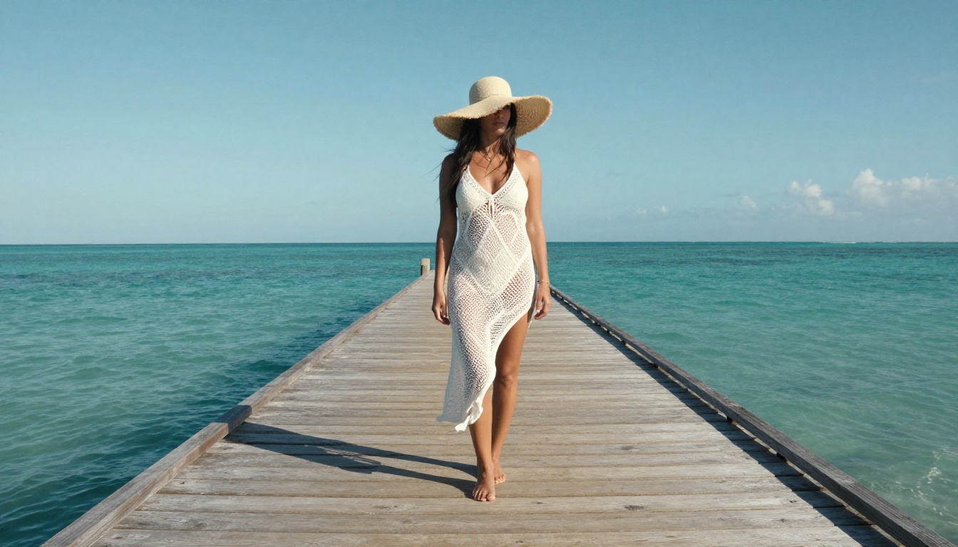 Low-angle fashion shot on wooden pier, AI photorealistic image