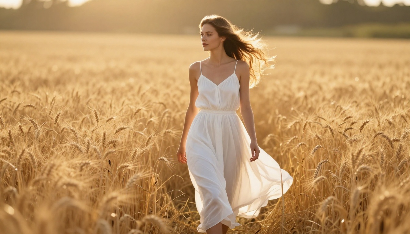 AI generated image of woman in white sundress in golden wheat field