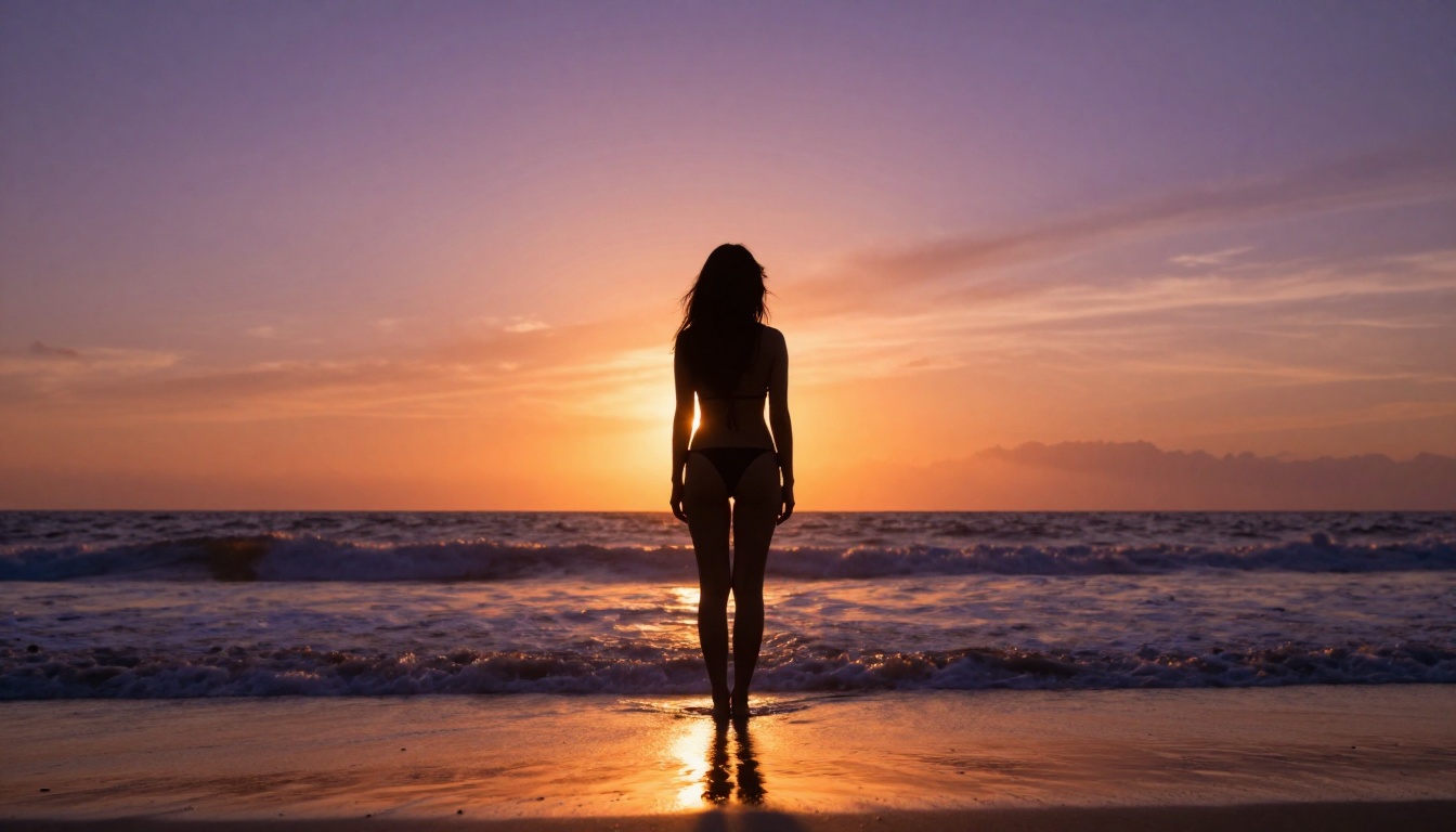 Backlit silhouette of woman on beach at sunset, photorealistic AI