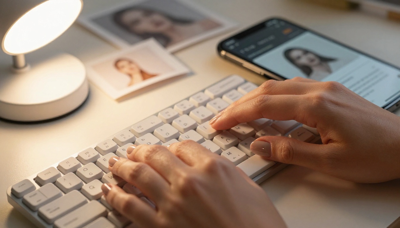 Woman's hands on keyboard with AI art interface visible