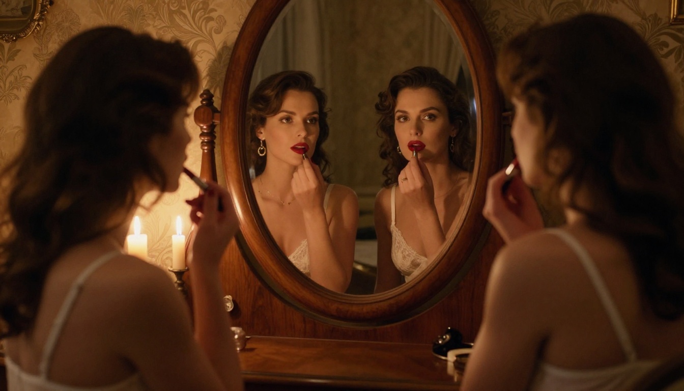 Boudoir AI photography, woman at vintage vanity mirror with candlelight
