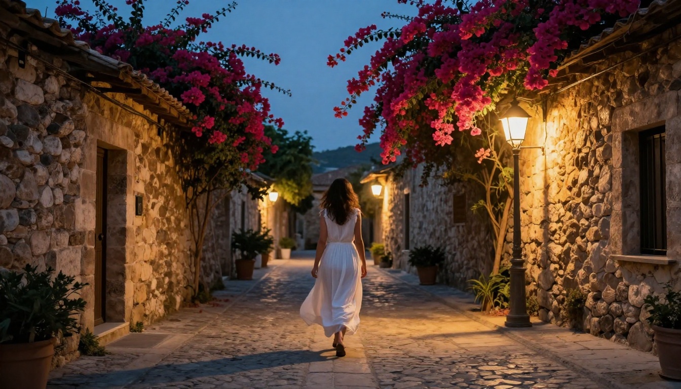 Woman walking through a European village at twilight under bougainvillea
