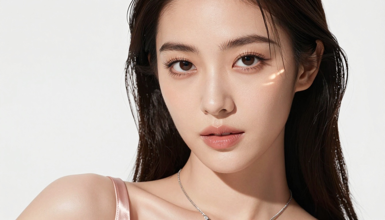 Studio beauty portrait, Rembrandt lighting, blush silk camisole