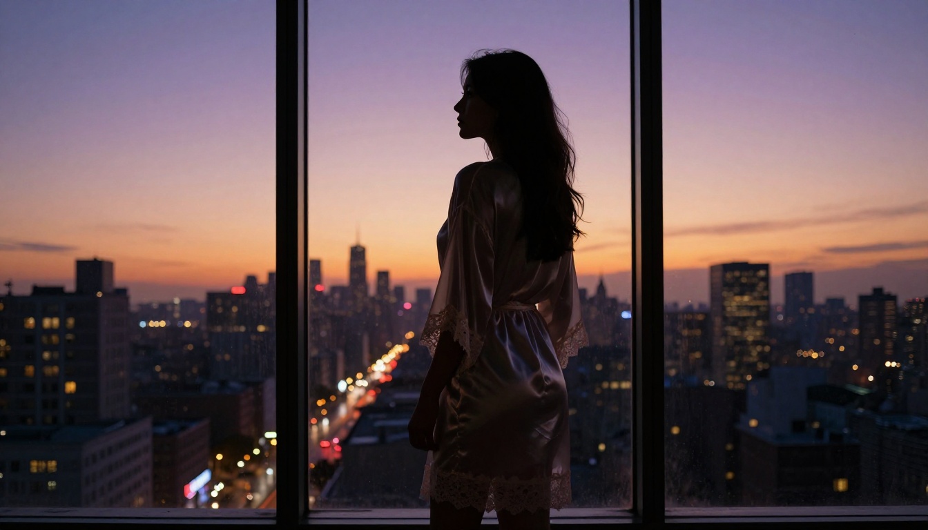 City silhouette, backlit by dusk window, sheer silk robe