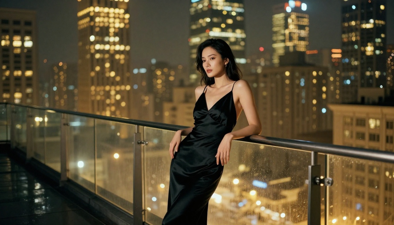Nighttime rooftop portrait, black satin dress, city skyline in golden bokeh