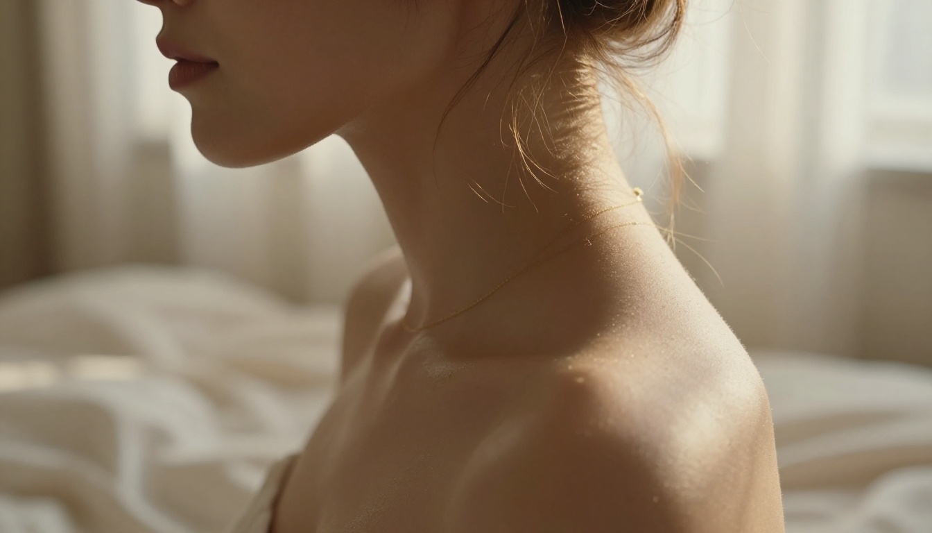 Warm morning light on bare shoulder and neck, macro skin texture detail