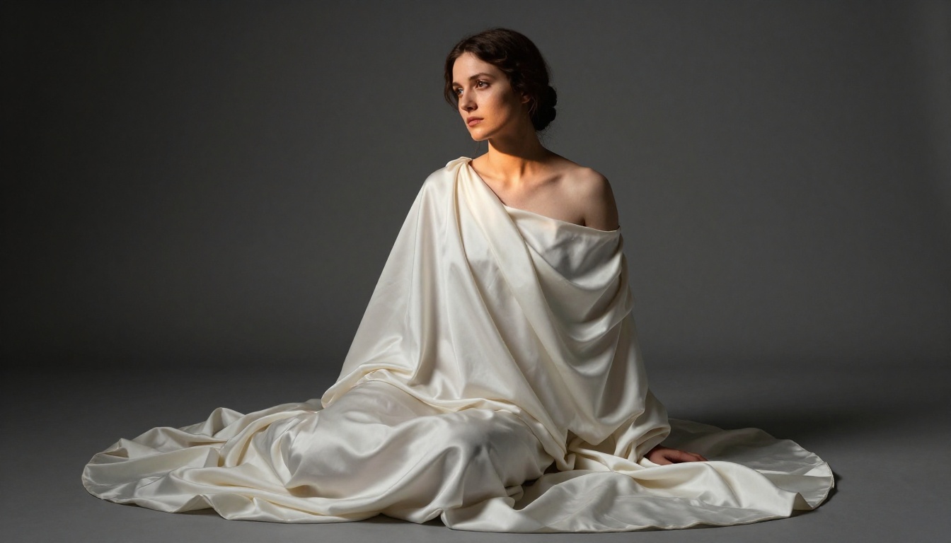 Classical fine art studio portrait, oyster silk draping, Caravaggio chiaroscuro lighting