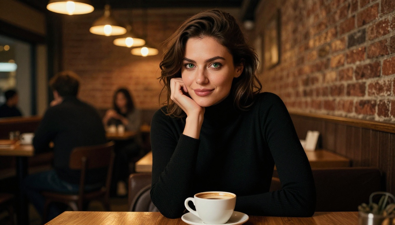 Woman in candlelit cafe, warm atmosphere and sharp detail Woman in candlelit cafe, warm atmosphere and sharp detail