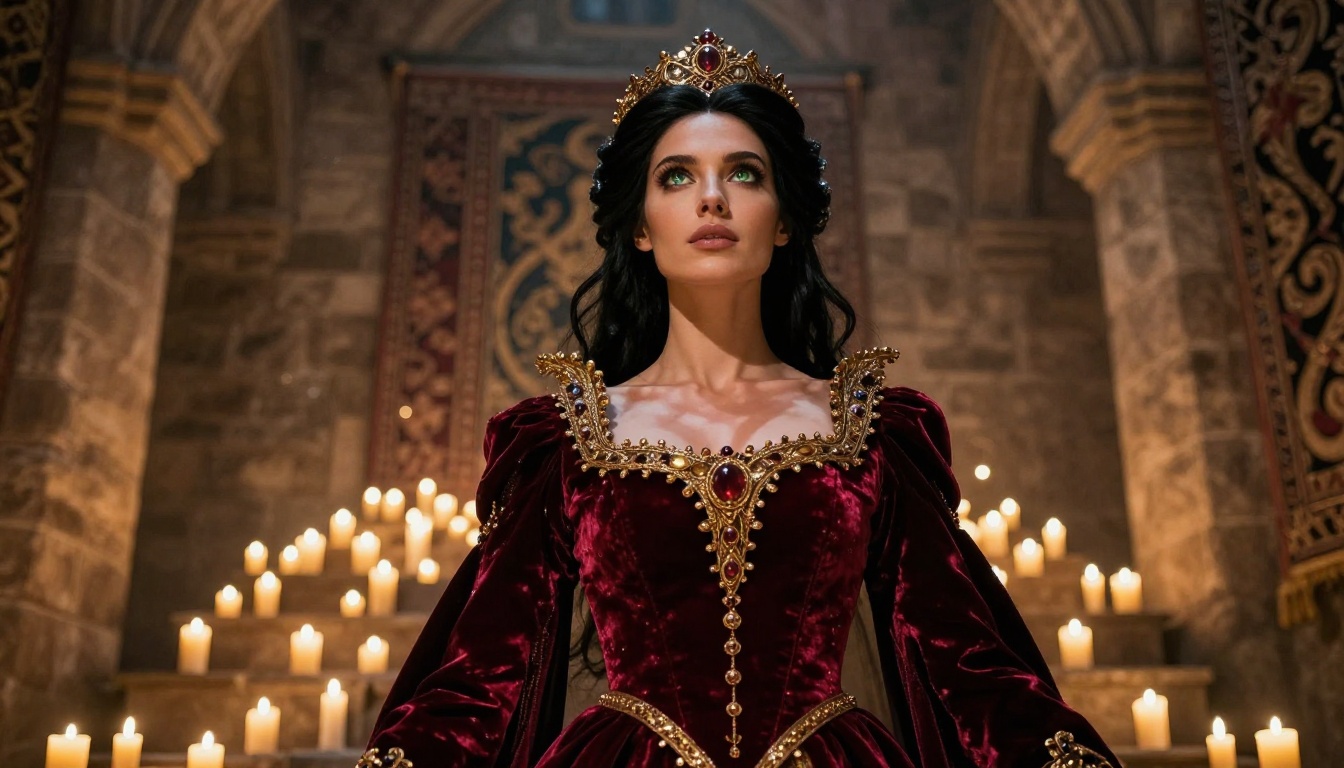 Fantasy queen in candlelit castle hall