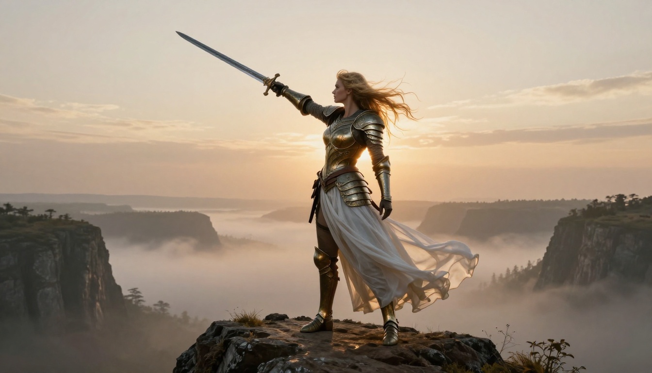 Fantasy warrior goddess standing on a misty clifftop