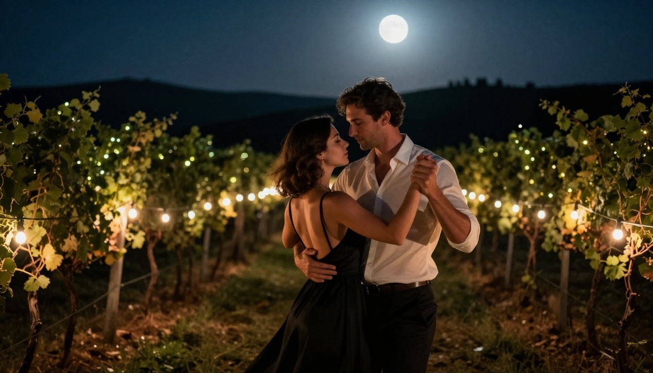 Romantic couple slow dancing in a moonlit Tuscan vineyard