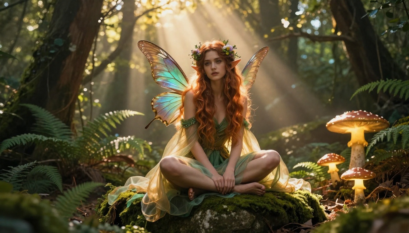 Enchanting forest fairy sitting in a magical sunlit glade