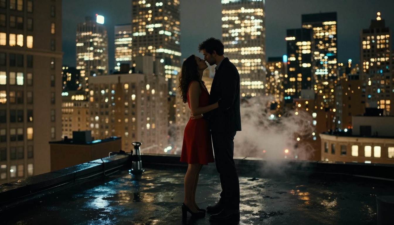 Romantic couple silhouetted against a city skyline at night